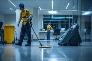 A commercial cleaner mops floors of an industrial facility