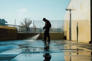 Worker cleaning tiles with high pressure water jet.